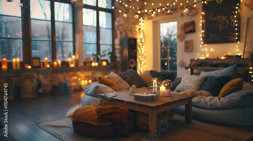 Cozy living room interior design with oversized beanbags, a low wooden coffee table, and an eclectic mix of hanging fairy lights. photo