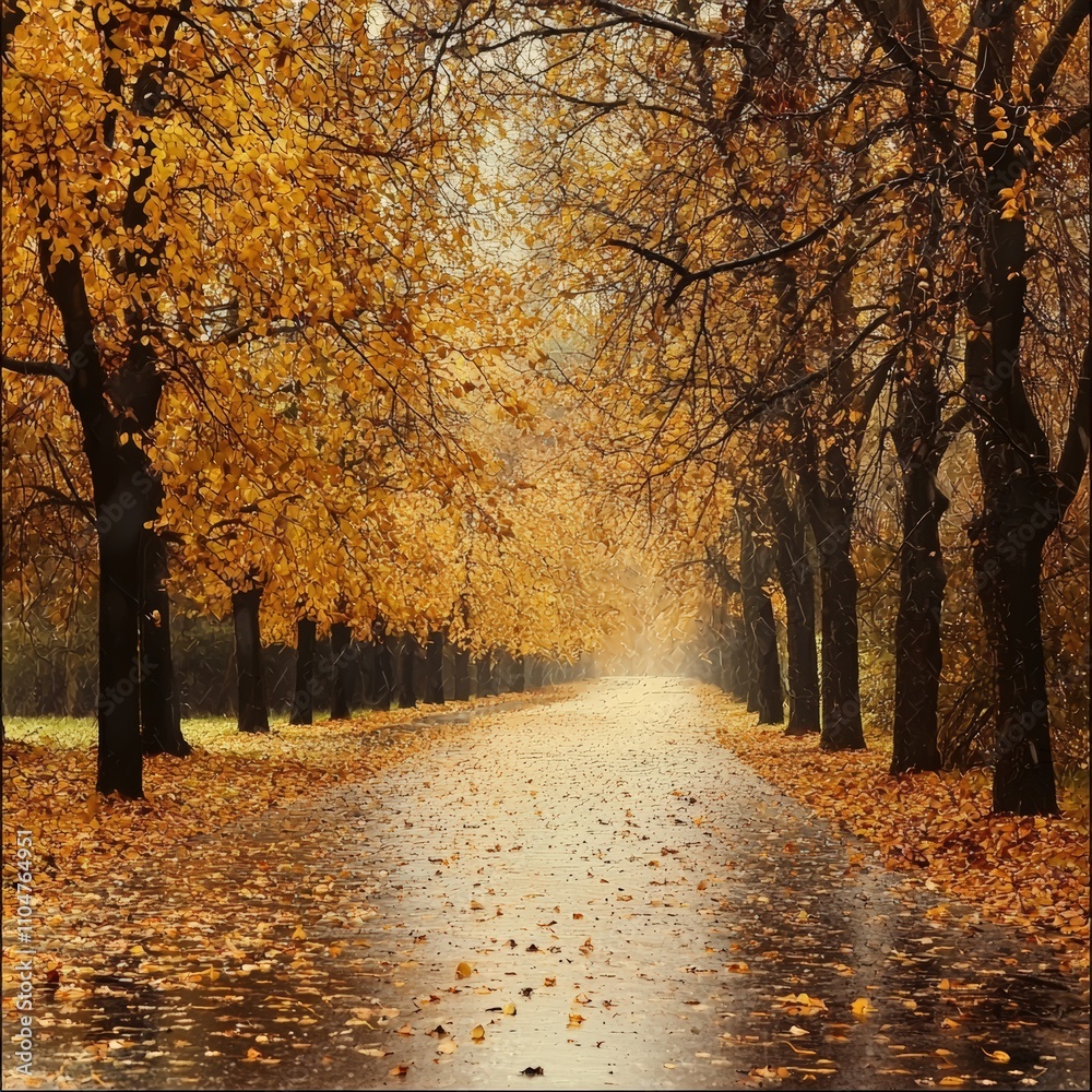 Fototapeta premium Serene autumn path lined with golden trees