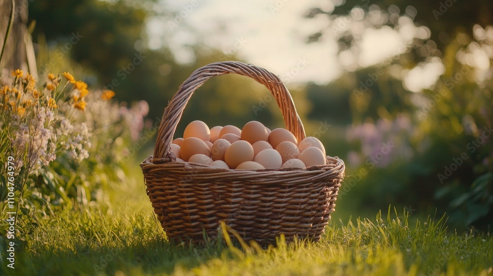 Freshly Harvested Eggs in a Rustic Basket Surrounded by Nature Freshly Harvested Eggs in a Rustic Basket Surrounded by Nature