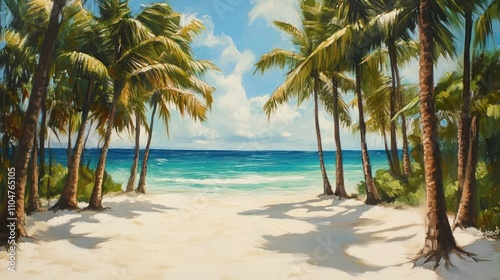 A serene beach scene framed by palm trees and clear blue waters.