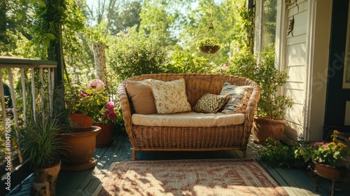 Cozy and Inviting Outdoor Space with Wicker Sofa and Greenery