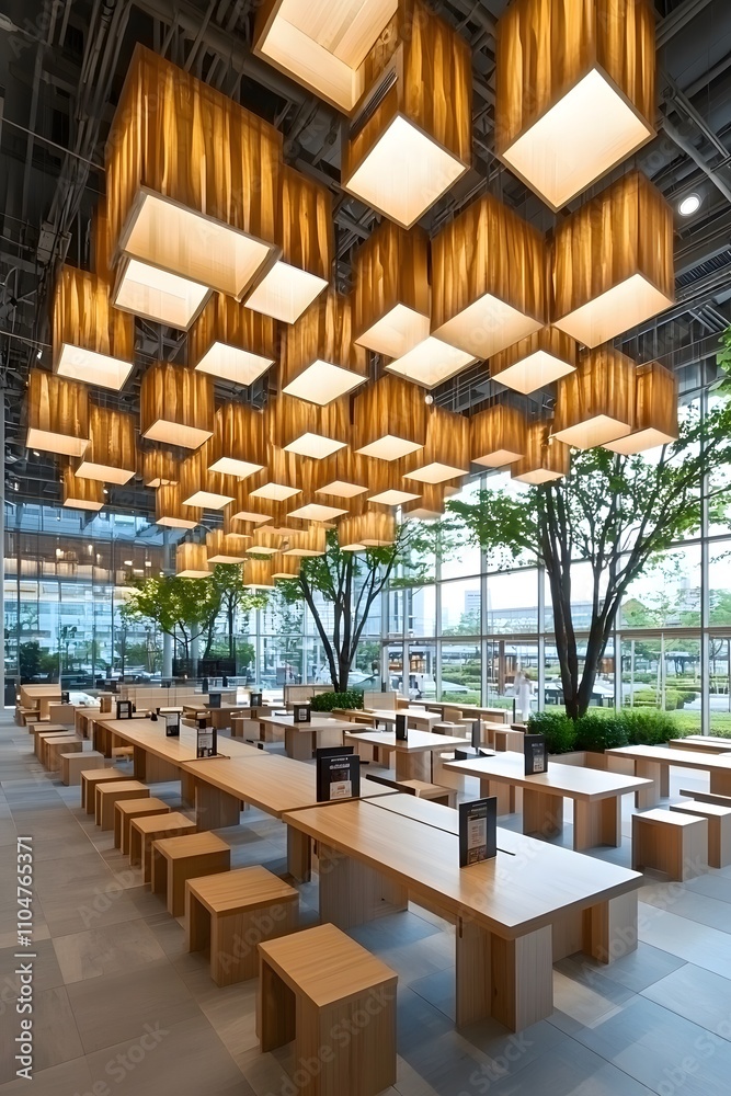 Obraz premium Modern Minimalist Restaurant Interior with Wooden Tables and Unique Lighting Fixtures.
