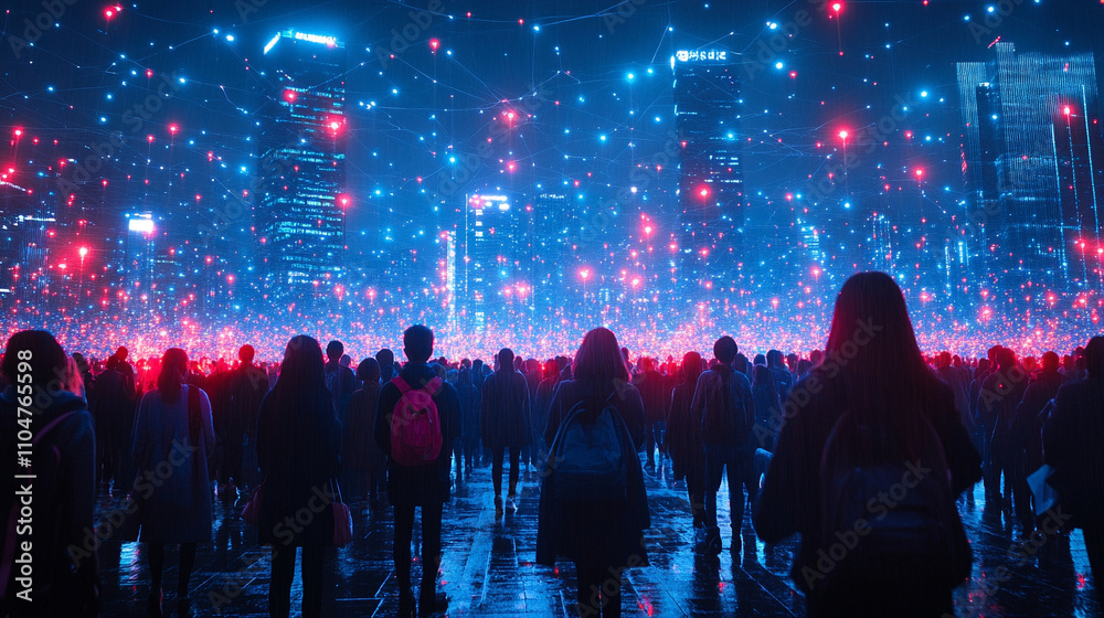 Obraz premium vibrant crowd of people interconnected by glowing lines symbolizing global connectivity, digital networks, and shared human experiences in a dynamic and visually striking composition