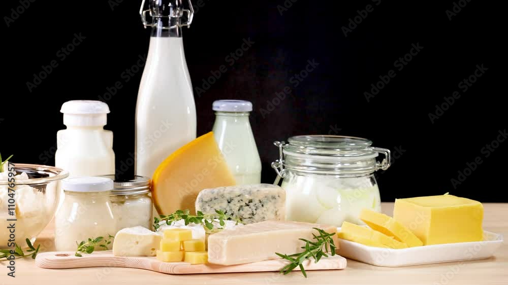 Dairy Products Display on Black Background Dairy Products Display on Black Background
