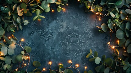 A modern wreath made with eucalyptus leaves and fairy lights.