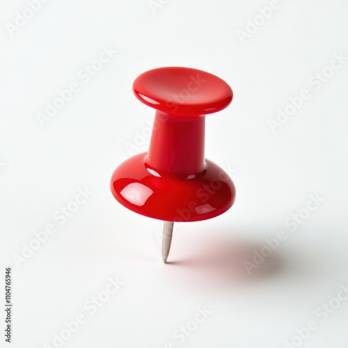 Close-up of a bright red pushpin on a plain white background, highlighting its glossy texture and simple design.