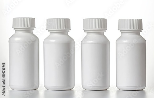 White Plastic Pill Bottles with Smooth Caps Isolated on Clean Background photo