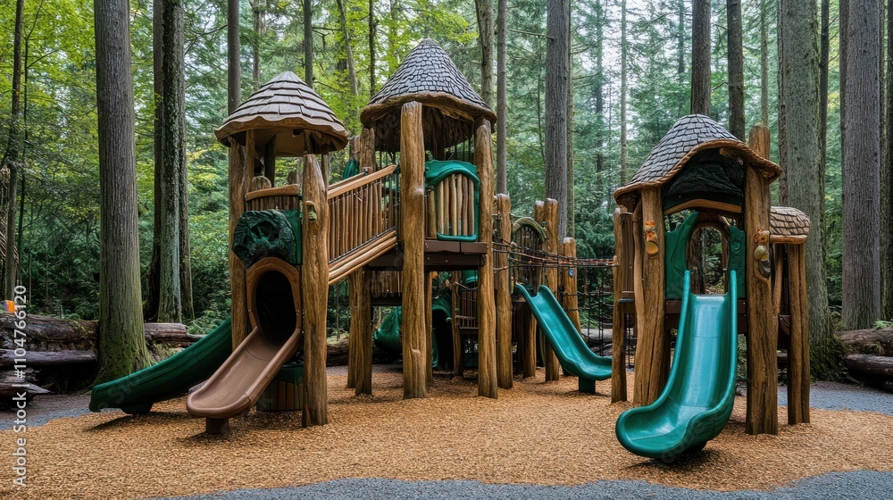 A wooden playground with slides nestled in a forest setting. A wooden playground with slides nestled in a forest setting.