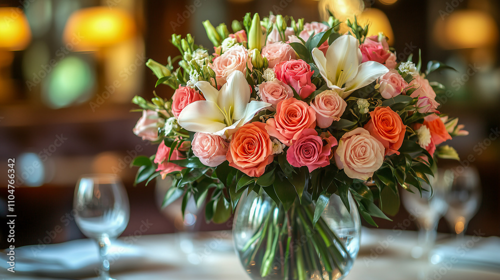Obraz premium bouquet of roses and lilies in a glass vase, set on a table with soft lighting