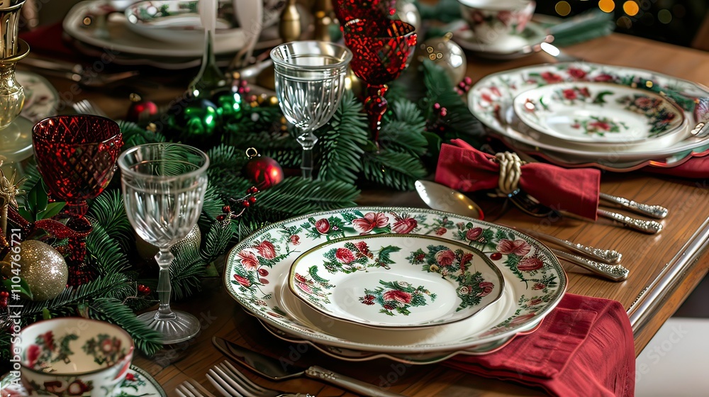 Close-up of a table set with red napkins, green garlands, and holiday plates. Close-up of a table set with red napkins, green garlands, and holiday plates.