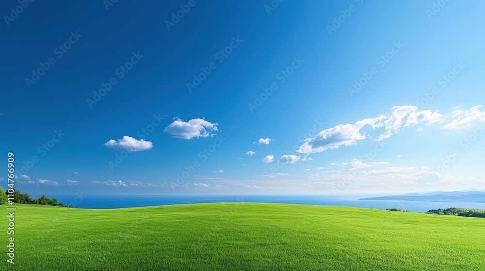 Fototapeta premium Vast green field under a bright blue sky