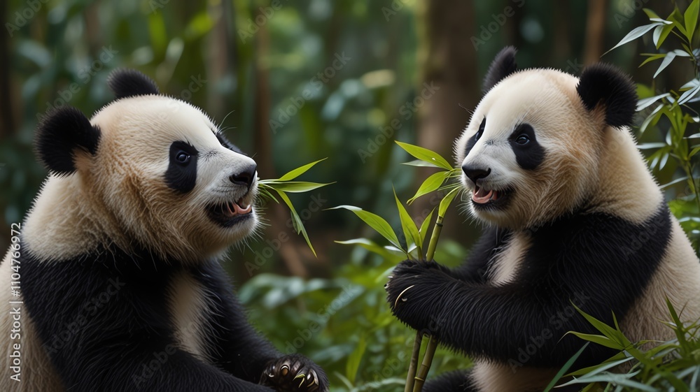 Fototapeta premium Here are a few options for your stock photo description, all under 200 characters:**Option 1 (Focus on action):**> Two adorable pandas enjoy a delicious bamboo lunch together i