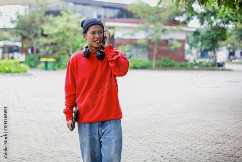 Young Freelancer Guy in Casual Style Calling Using Smartphone While Walking at Park photo