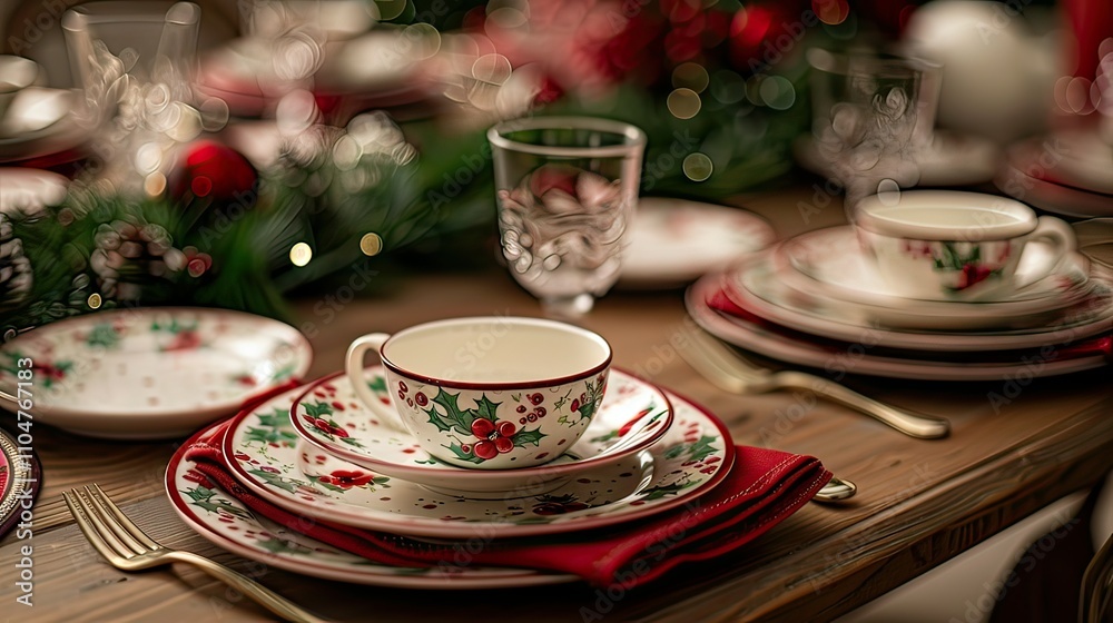 Close-up of a table set with red napkins, green garlands, and holiday plates. Close-up of a table set with red napkins, green garlands, and holiday plates.