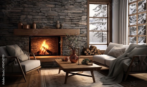 Cozy home living room interior with couch and armchairs, fireplace