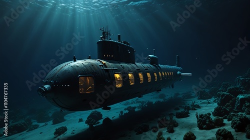 Wallpaper Mural Here are a few options for your stock photo description, all under 200 characters:

**Option 1 (Focus on mystery):**

> Mysterious antique submarine rests on ocean floor, sunbeams  Torontodigital.ca