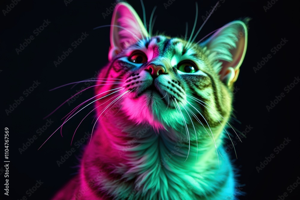 A tabby cat with colorful neon lights casting vibrant hues on its fur, creating an artistic and captivating portrait against a dark background. A tabby cat with colorful neon lights casting vibrant hues on its fur, creating an artistic and captivating portrait against a dark background.