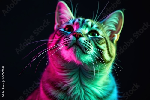 A tabby cat with colorful neon lights casting vibrant hues on its fur, creating an artistic and captivating portrait against a dark background.