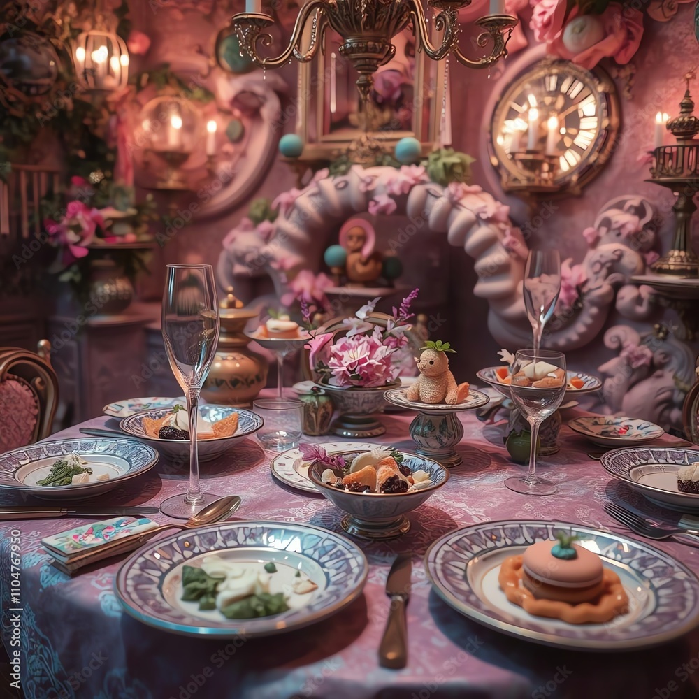 Fototapeta premium Here are a few options for your stock photo description, all under 200 characters:**Option 1 (Focus on luxury):**> Luxurious whimsical dining scene