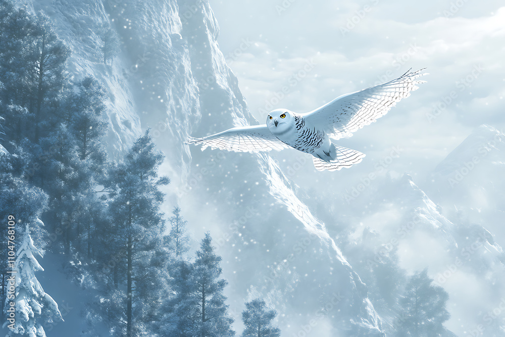 A majestic snowy owl in mid-flight against a blurred winter background. Perfect for wildlife and winter-themed designs A majestic snowy owl in mid-flight against a blurred winter background. Perfect for wildlife and winter-themed designs