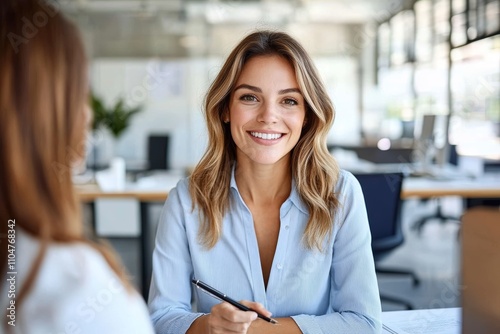 Professional Business Meeting with Female Advisor Smiling and Engaging with Client in Modern Office