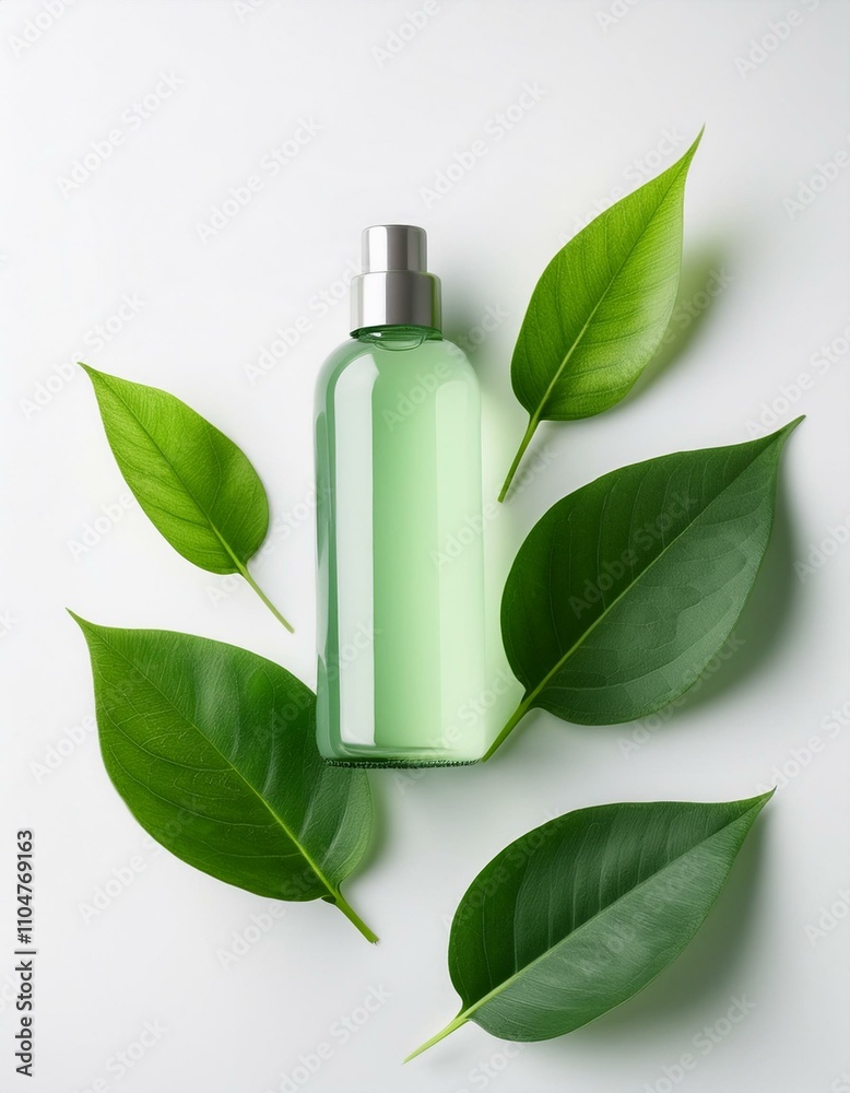 Refreshing green spray bottle surrounded by lush leaves. Refreshing green spray bottle surrounded by lush leaves.