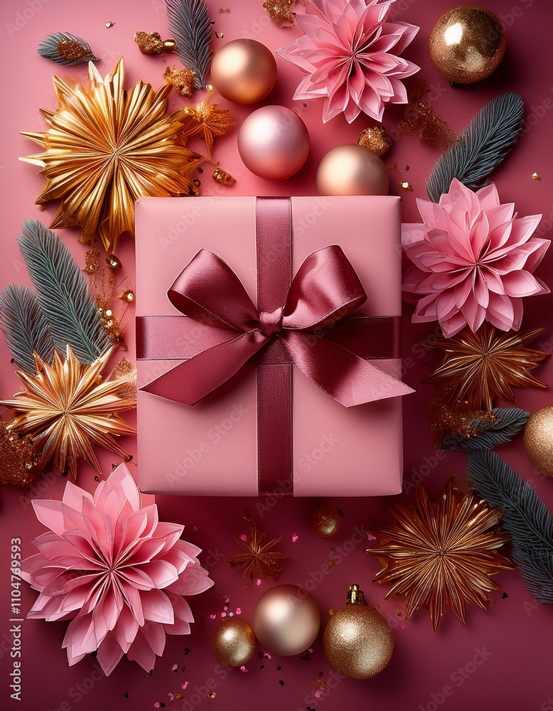 Pink gift box with burgundy ribbon, surrounded by festive decorations. Pink gift box with burgundy ribbon, surrounded by festive decorations.