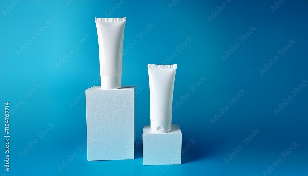Two white tubes of skincare product on blue background. Two white tubes of skincare product on blue background.