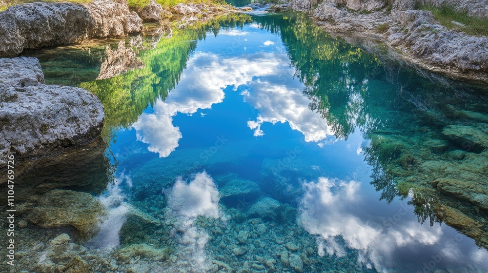 A serene landscape featuring a clear, reflective body of water surrounded by rocks and greenery. A serene landscape featuring a clear, reflective body of water surrounded by rocks and greenery.