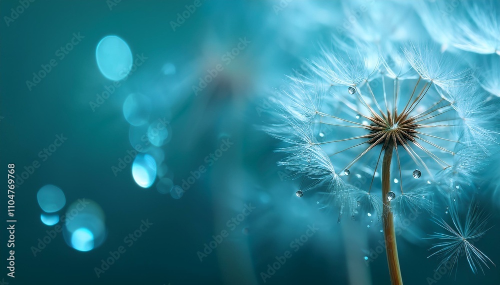 Naklejka premium Serene dandelion in teal, water droplets glistening.