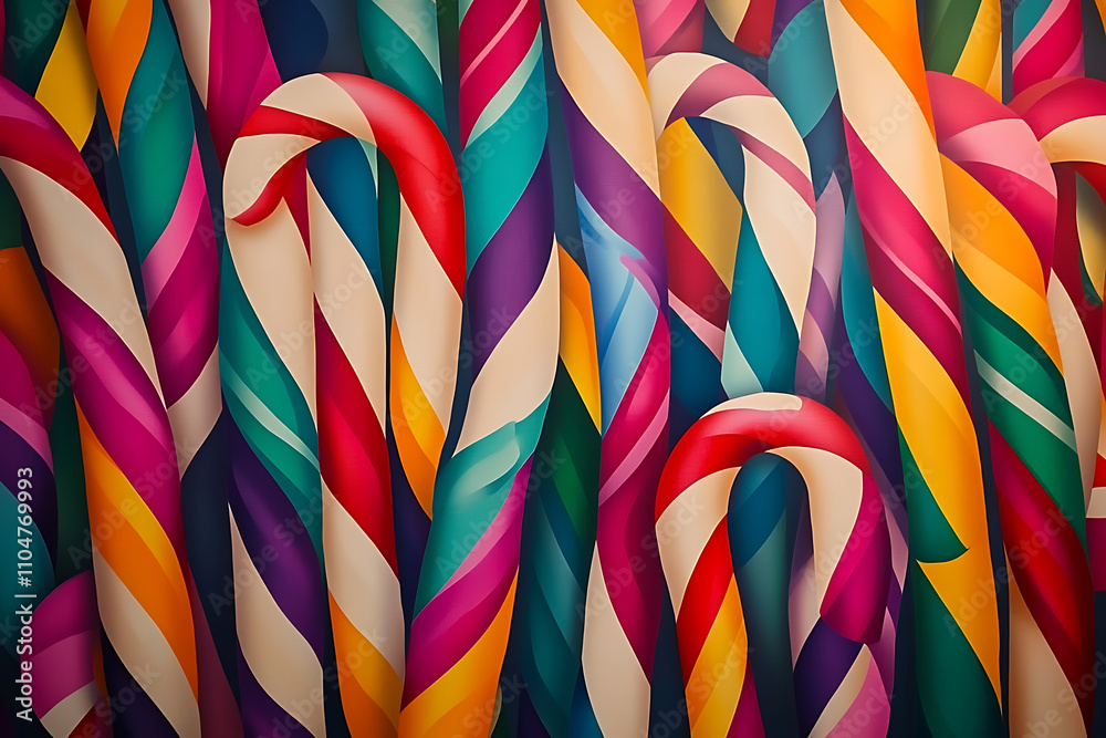 Close-up of colorful candy canes arranged in a festive pattern, ideal for holiday backgrounds and designs Close-up of colorful candy canes arranged in a festive pattern, ideal for holiday backgrounds and designs