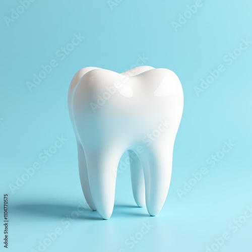 A shiny white tooth model stands on a smooth, light blue background, highlighting dental health and hygiene themes.