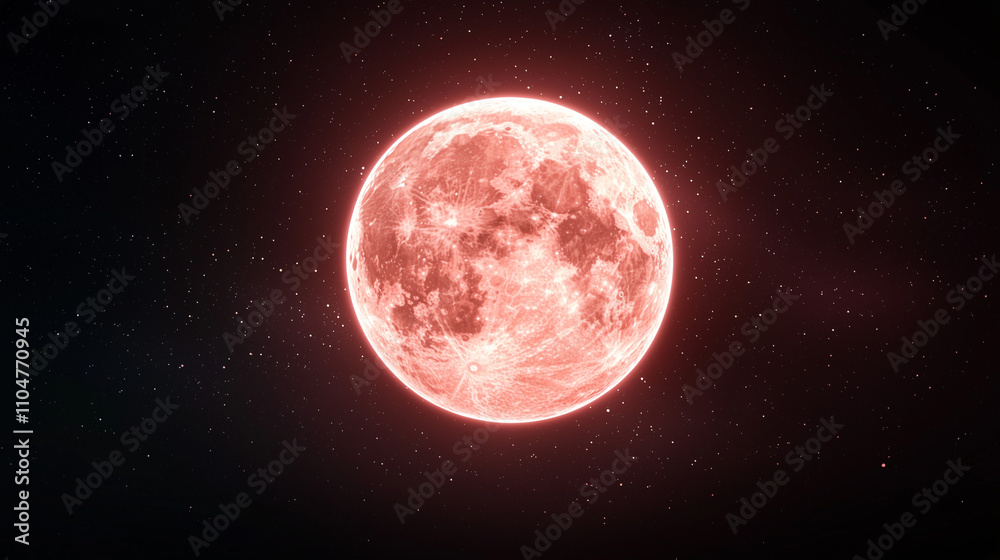 Obraz premium Crimson Moonrise: A breathtaking view of a vibrant, crimson-hued full moon against the backdrop of a star-studded night sky. The image evokes a sense of mystery and wonder.