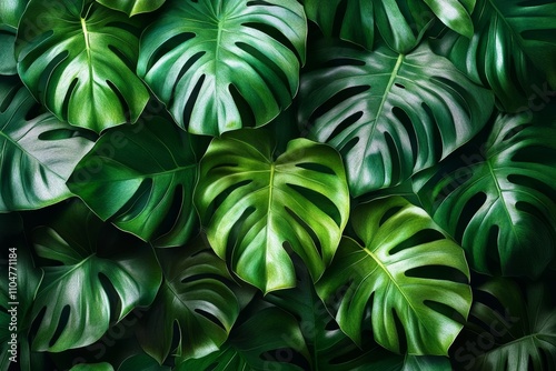 Lush Green Monstera Leaves Background Tropical Plant Foliage Nature