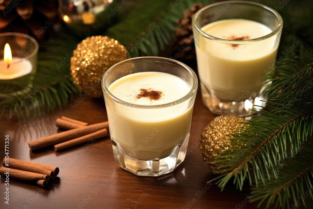 Glass Eggnog with Festive Decorations, Capturing the Holiday Spirit of Christmas Eve Glass Eggnog with Festive Decorations, Capturing the Holiday Spirit of Christmas Eve