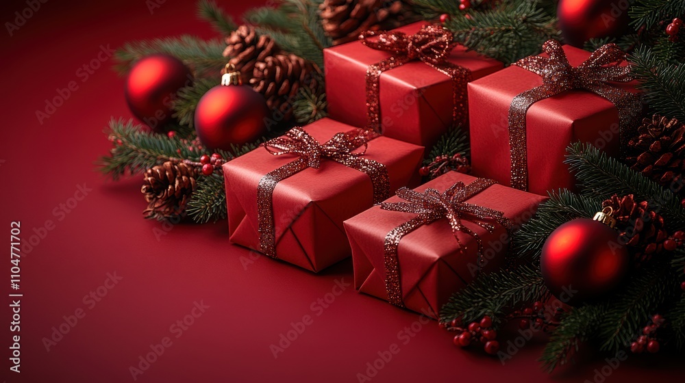Beautifully Wrapped Red Gift Boxes Amidst Holiday Decor with Pine Cones, Ornaments, and Greenery on a Rich Red Background for Festive Season Celebrations Beautifully Wrapped Red Gift Boxes Amidst Holiday Decor with Pine Cones, Ornaments, and Greenery on a Rich Red Background for Festive Season Celebrations