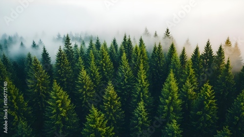 Misty Evergreen Forest Aerial View