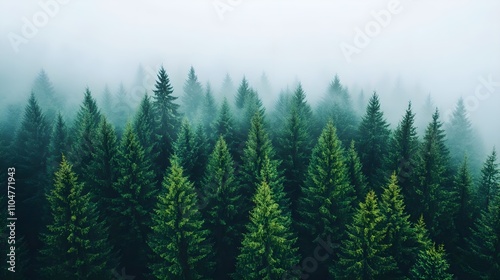 Misty Evergreen Forest Aerial View