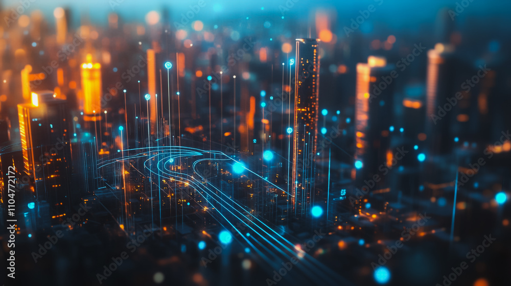 Naklejka premium Smart digital city with connection cyber security network reciprocity over the twilight cityscape.future wireless digital city and social media networking systems that connects people within the city