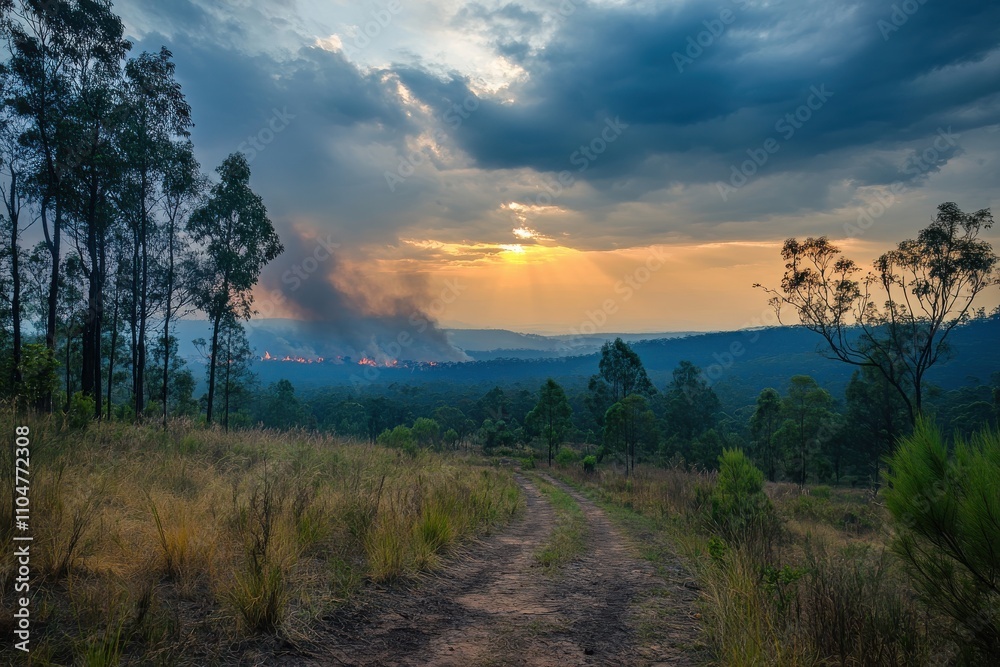 Fototapeta premium Rural forests beneath gloomy clouds hidden by smoke from evening fires