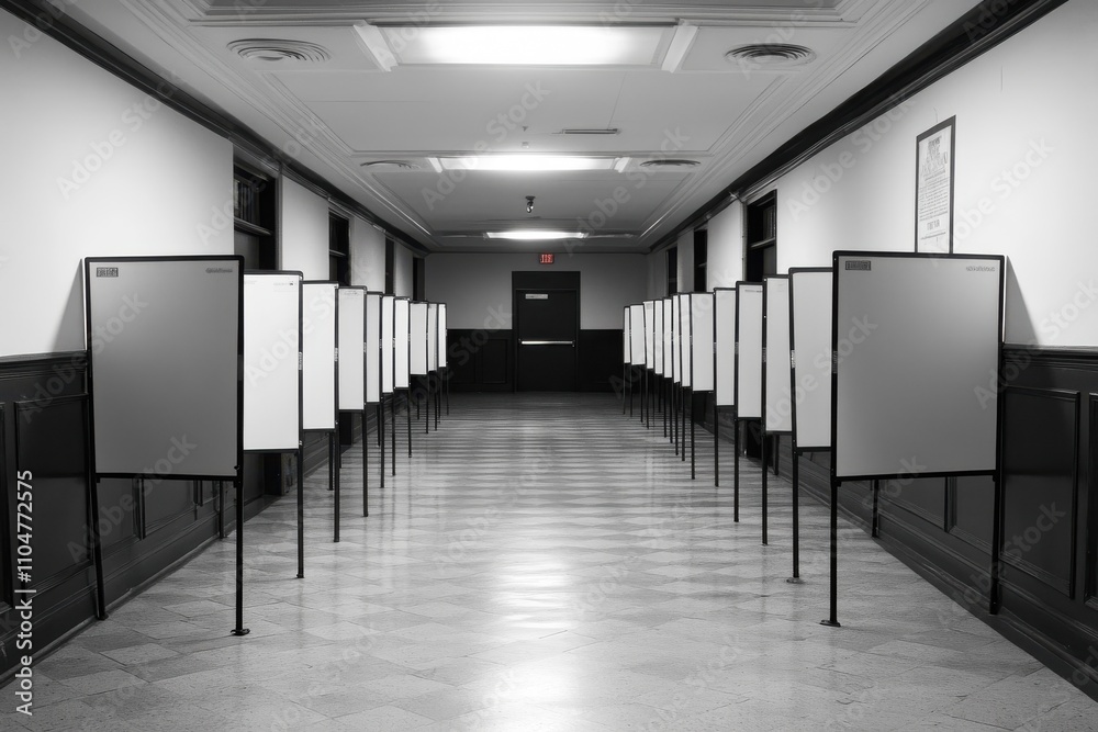 Line of voter privacy booths at an abandoned polling site, unoccupied area
