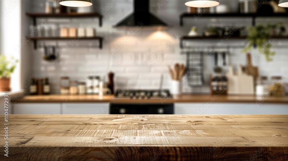 Blurred kitchen background with wooden table for product display or design concept. Blurred kitchen background with wooden table for product display or design concept.