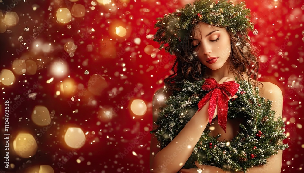 A beautiful woman in a Christmas dress made of a green wreath with a red bow, set against a background with golden and white lights and snowflakes