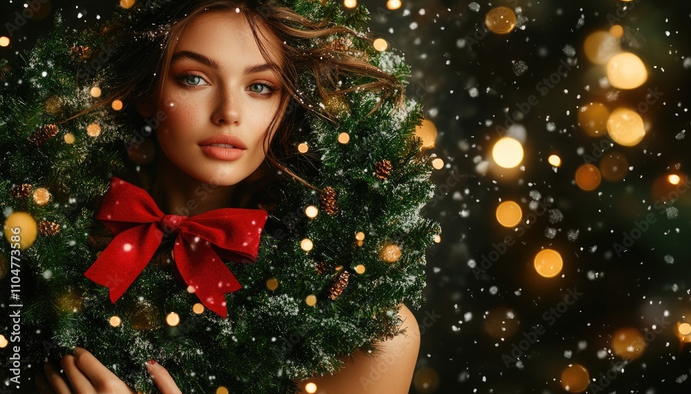 A stylish woman in a Christmas dress made of a holly wreath with a red bow and golden berries, holding decorations on her shoulders