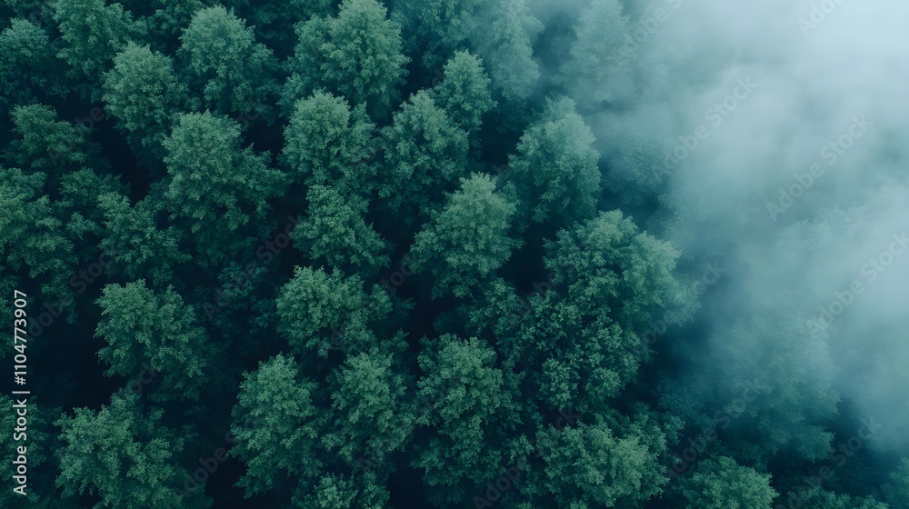 Obraz premium Misty Green Forest Aerial View
