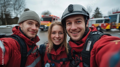 A German policewoman, firefighter, and emergency doctor take a selfie together in a parking lot with emergency vehicles in the background, showcasing teamwork and dedication in public safety.