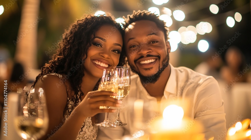 Happy couple toasting champagne at romantic dinner. Happy couple toasting champagne at romantic dinner.