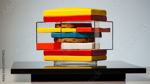 A colorful, modern sculpture resembling a layered dessert or sandwich, creatively displayed.