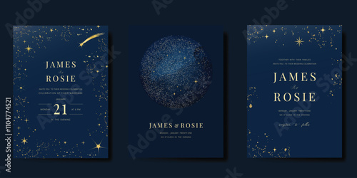 Luxury invitation card design vector set. Elegant wedding card with little star moon sun meteor and space decorative on navy blue background. Design illustration for cover, poster, gala. photo