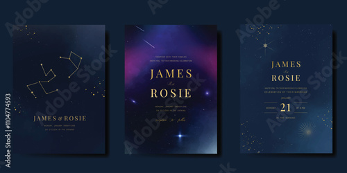 Luxury invitation card design vector set. Elegant wedding card with little star moon sun meteor and space decorative on navy blue background. Design illustration for cover, poster, gala.